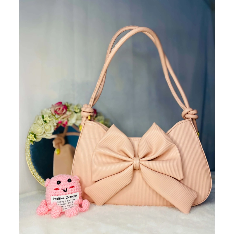 Beautiful Bow Design Shoulder Bag Pink and Block